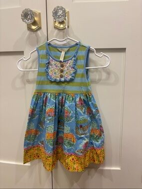 Matilda Jane: Blue & Green Striped Sleeveless Girls' Dress with Scenic Skirt